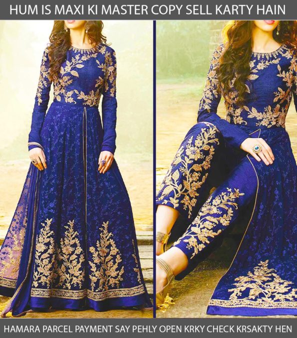 Navy Blue Embroidered Maxi | MH-627 | 3 Piece Unstitched | Crinkle Chiffon Stuff