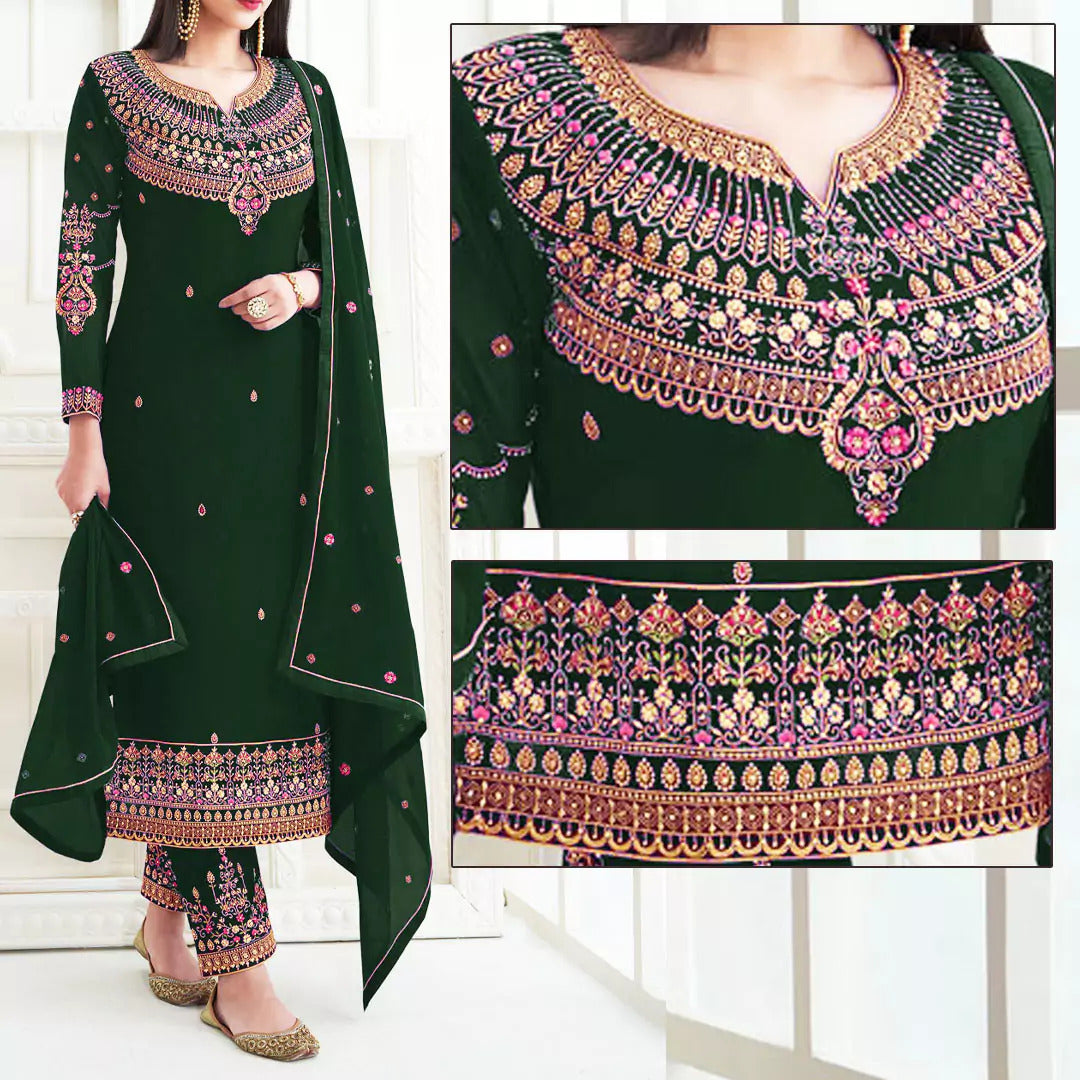 Green Embroidered Dress | MH-901 | 3 Piece Unstitched | Crinkle Chiffon Stuff | SALE