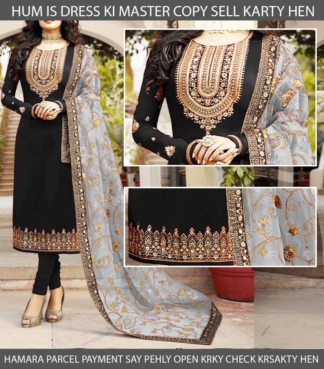 Black Embroidered Suit | MH-655 | 3 Piece Unstitched | Crinkle Chiffon Stuff