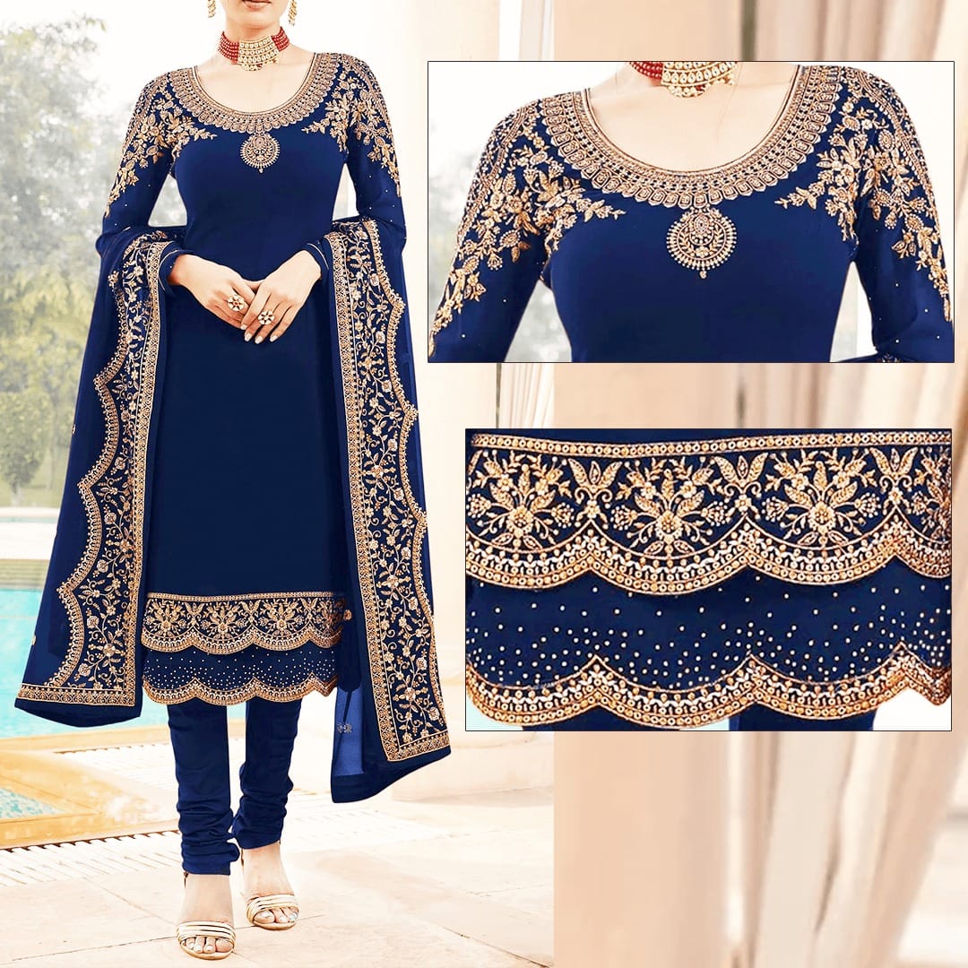 Blue Embroidered Suit | MH-671 | 3 Piece Unstitched | Crinkle Chiffon Stuff | Sale!