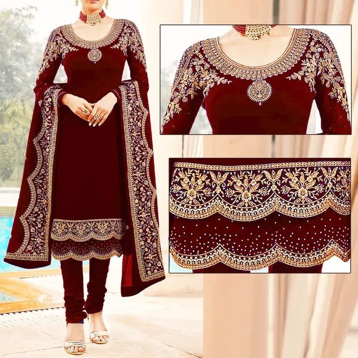 Maroon Embroidered Suit | MH-672 | 3 Piece Unstitched | Crinkle Chiffon Stuff | Sale!