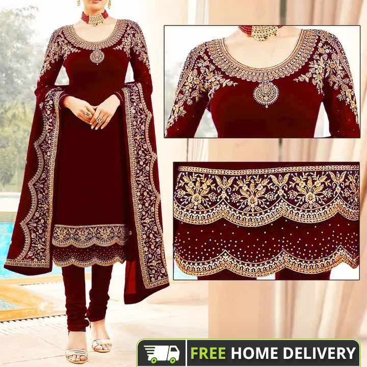 Maroon Embroidered Suit | MH-672 | 3 Piece Unstitched | Crinkle Chiffon Stuff | Sale!