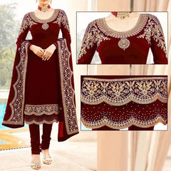 Maroon Embroidered Suit | MH-672 | 3 Piece Unstitched | Crinkle Chiffon Stuff | Sale!