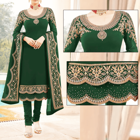 Green Embroidered Suit | Ki-073 | 3 Piece Unstitched | Crinkle Chiffon Stuff