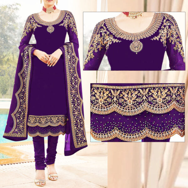 Purple Embroidered Suit | MH-674 | 3 Piece Unstitched | Crinkle Chiffon Stuff | Sale!