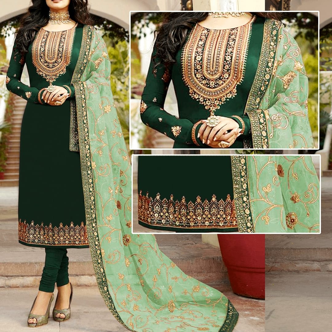 Green Embroidered Dress | MH-609 | 3 Piece Unstitched | Crinkle Chiffon Stuff