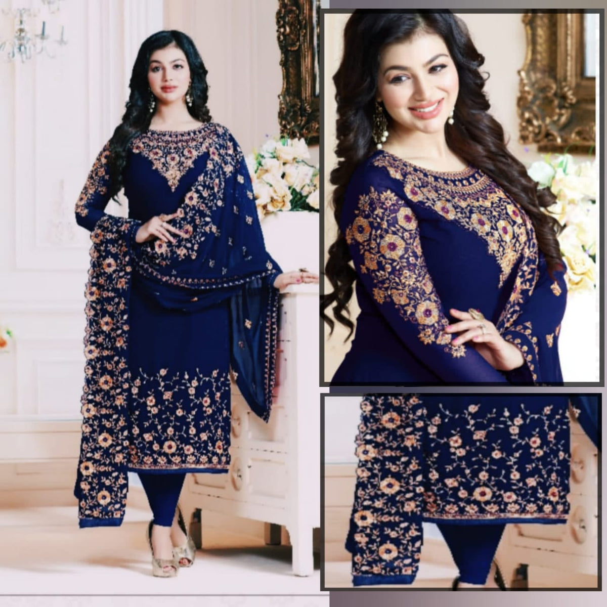 Blue Embroidred Suit l MH-658 | 3 Piece Unstitched | Crinkle Chiffon Stuff | SALE