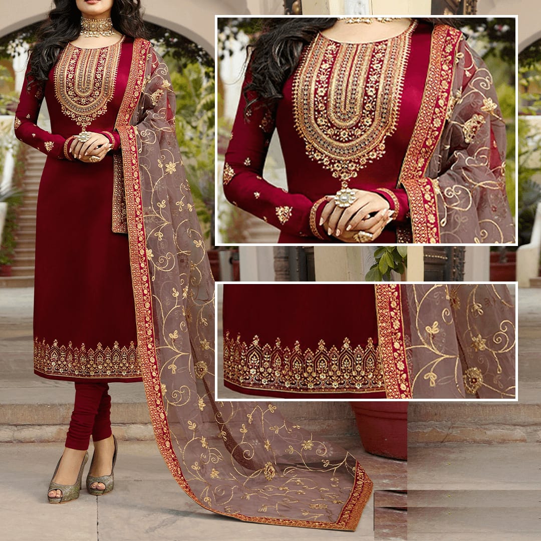 Maroon Embroidered Suit | MH-623 | 3 Piece Unstitched | Crinkle Chiffon Stuff