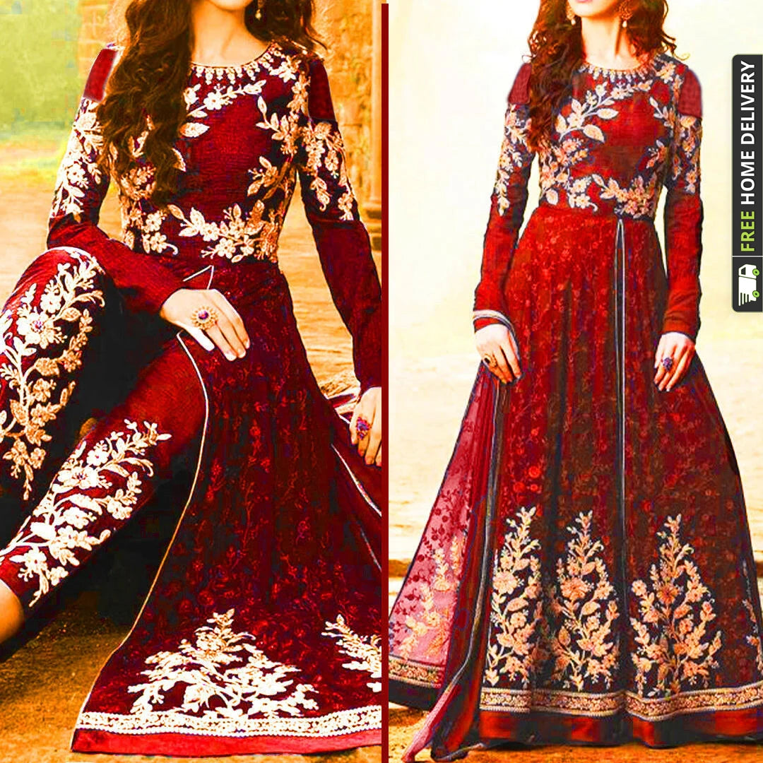 Maroon Embroidered Partywear Maxi | MH-642 | 3 Piece Unstitched | Crinkle Chiffon Stuff | With Dupatta