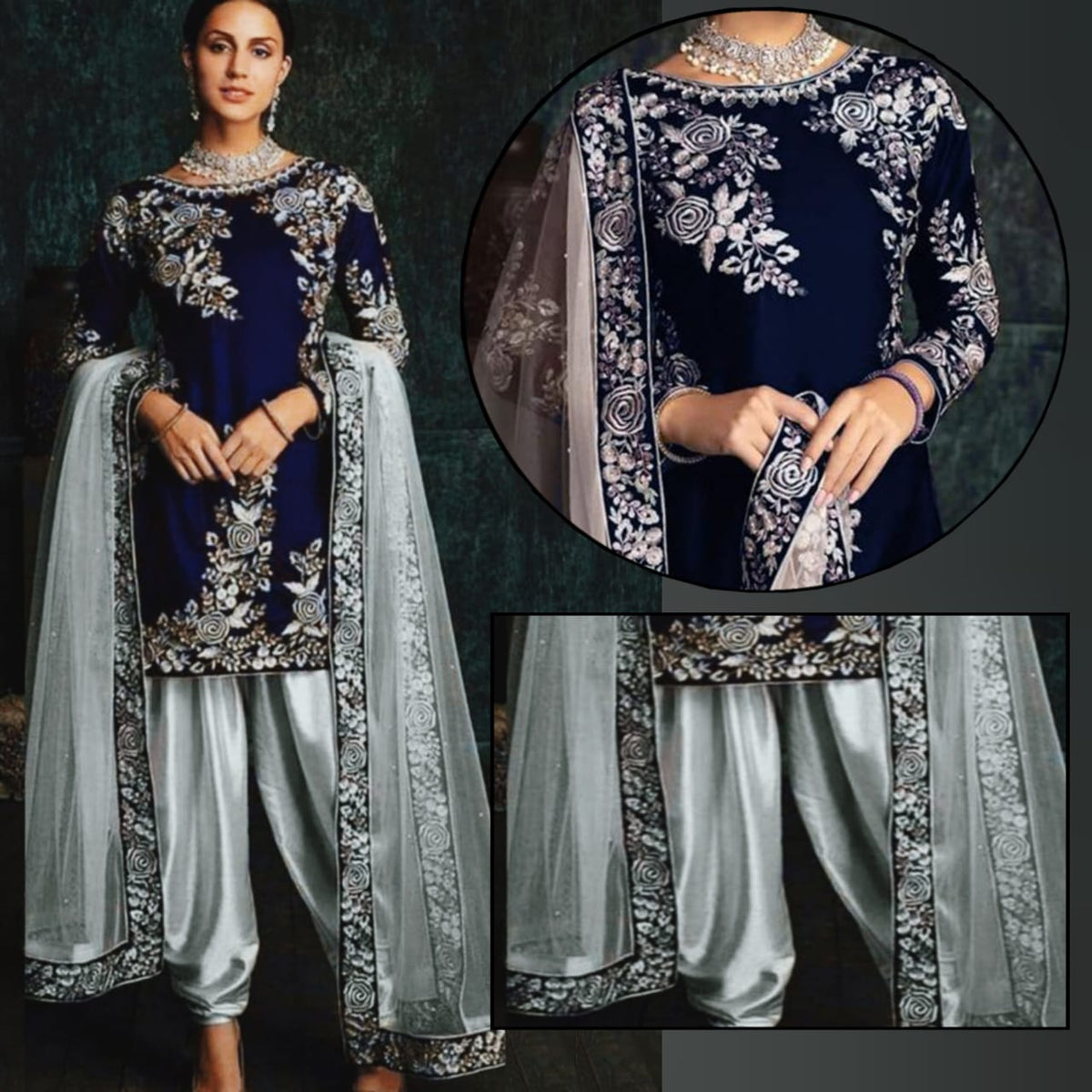 Blue Patyala Embroidered Suit | MH-666 | 3 Piece Unstitched | Crinkle Chiffon Stuff