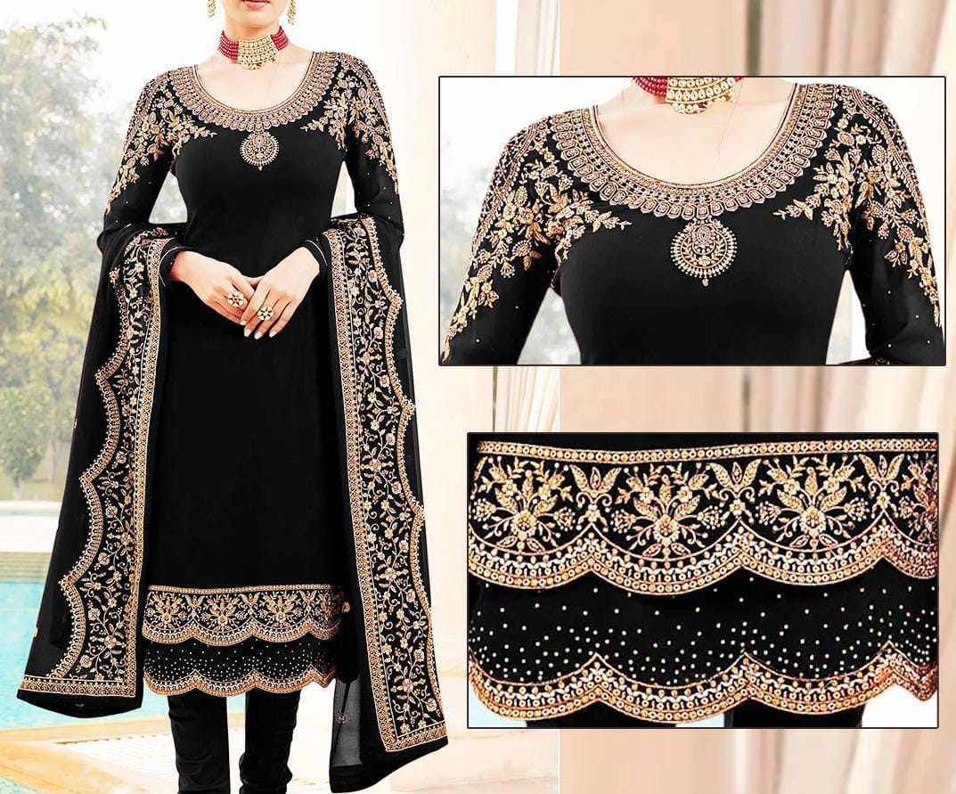 Black Embroidered Suit | MH-670 | 3 Piece Unstitched | Crinkle Chiffon Stuff | Sale!