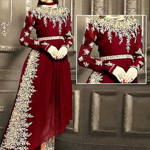 Maroon Embroidered Maxi | MH-675 | 3 Piece Unstitched | Crinkle Chiffon Stuff | Sale!