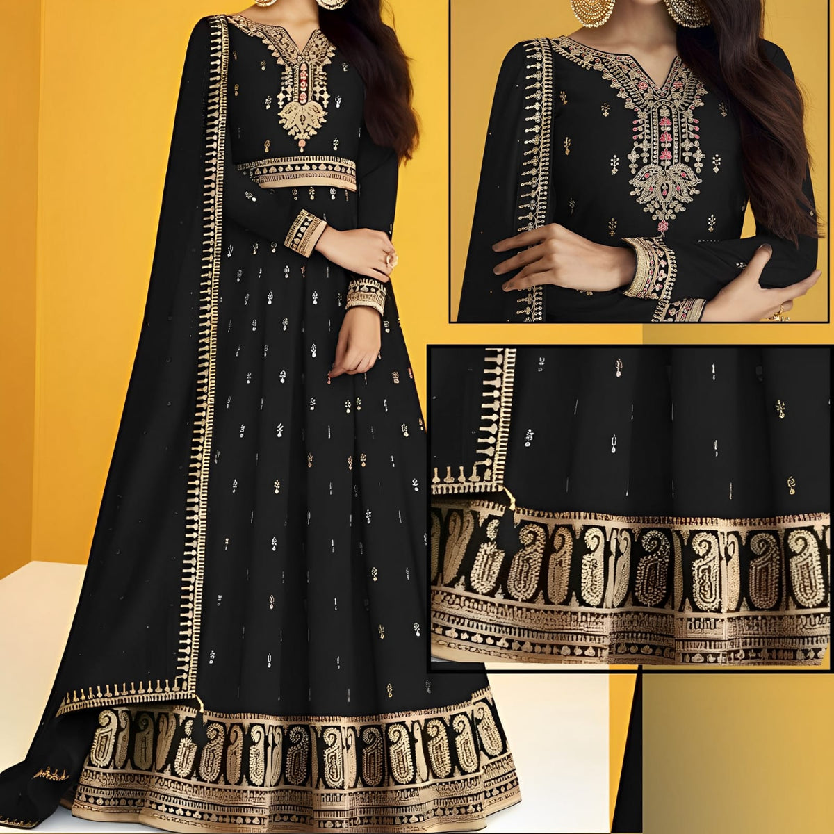 Black Embroidered Maxi | MH 703 | 3 Piece Unstitched | Crinkle Chiffon Stuff