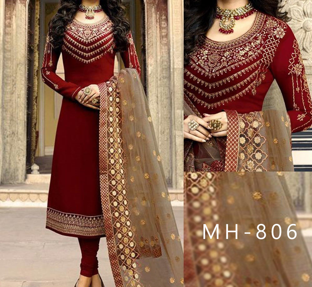 Maroon New Embroidered Suit MH-806 | 3 Piece Unstitched | Crinkle Chiffon Stuff | SALE