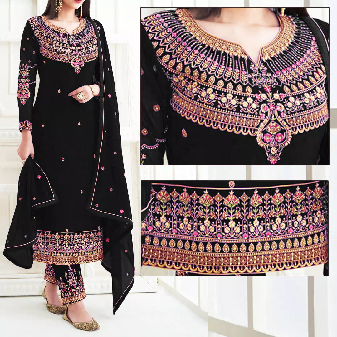 Black Embroidered Dress | MH-628 | 3 Piece Unstitched | Crinkle Chiffon Stuff