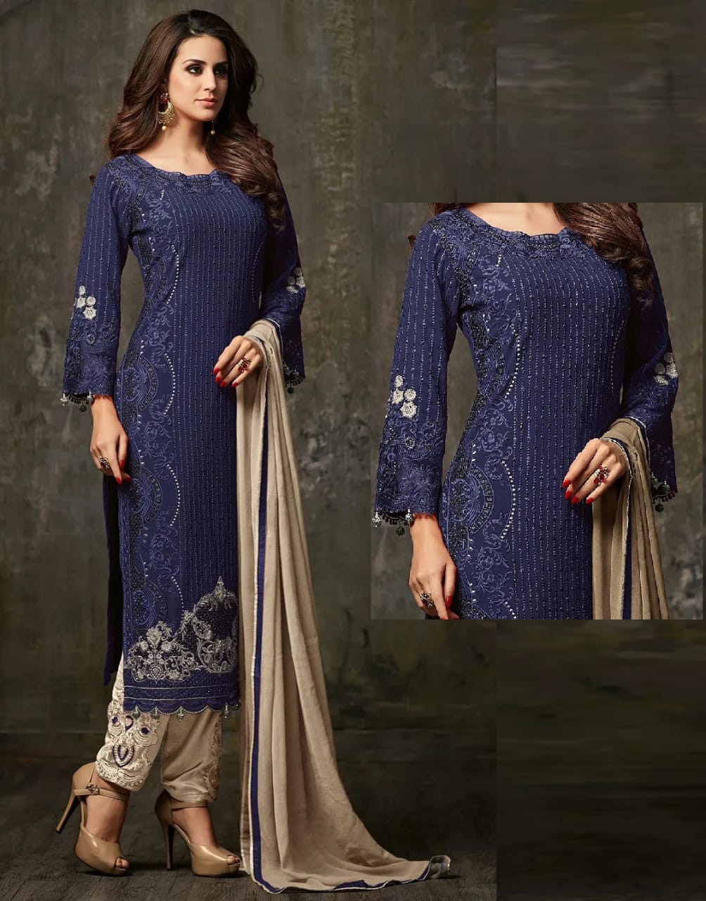 Blue Embroidred Suit l MH-911 | 3 Piece Unstitched | Crinkle Chiffon Stuff | SALE