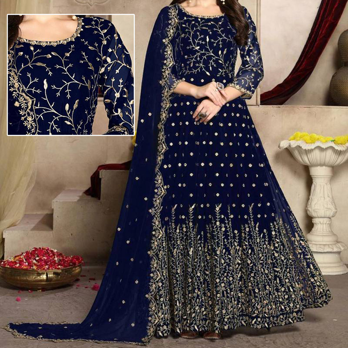 Navy Blue Embroidered Maxi | MH-601 | 3 Piece Unstitched | Crinkle Chiffon Stuff