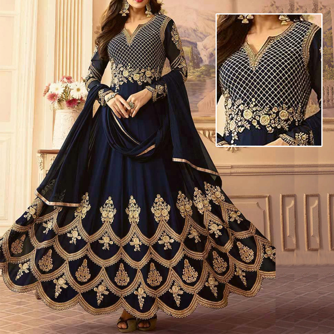 Navy Blue Embroidered Frock | MH-602 | 3 Piece Unstitched | Crinkle Chiffon Stuff