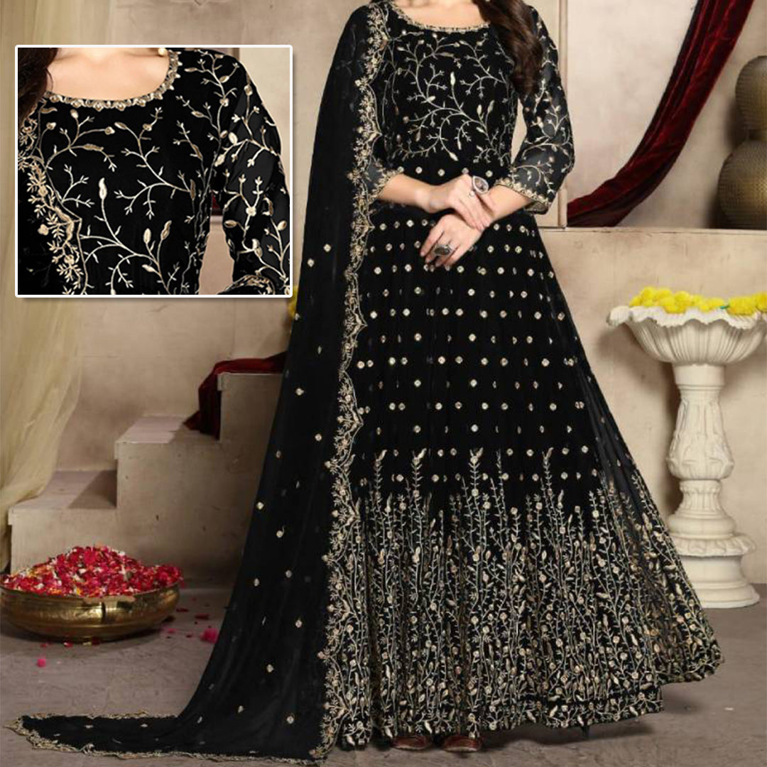 Black Embroidered Maxi | MH-604 | 3 Piece Unstitched | Crinkle Chiffon Stuff | SALE