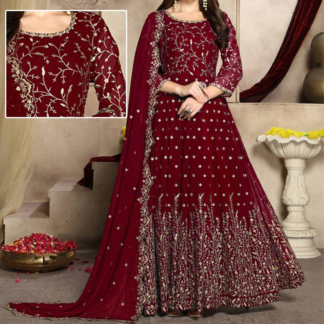 Maroon Embroidered Maxi | MH-605 | 3 Piece Unstitched | Crinkle Chiffon Stuff