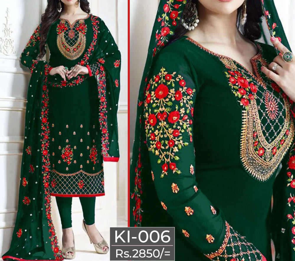 Green Embroidered Suit | Ki-006 | 3 Piece Unstitched | Crinkle Chiffon Stuff