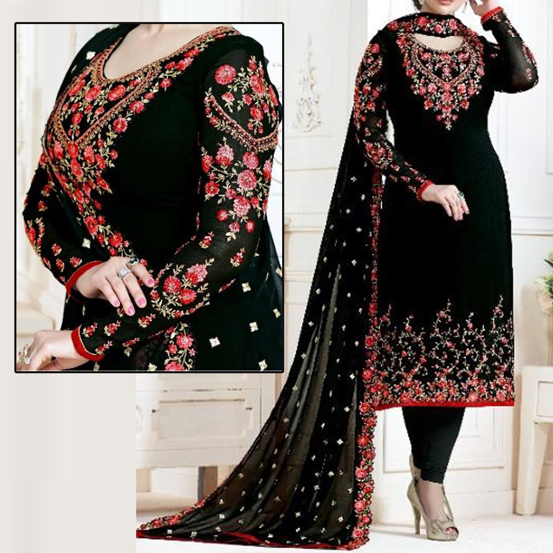 Black Embroidered Dress | MH-902 | 3 Piece Unstitched | Crinkle Chiffon Stuff | SALE