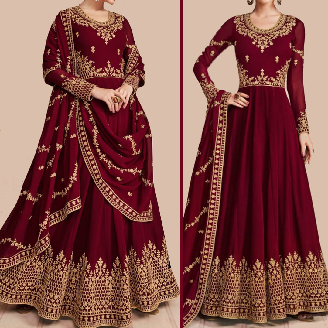 Maroon Embroidered Maxi | MH-010 | 3 Piece Unstitched | Crinkle Chiffon Stuff