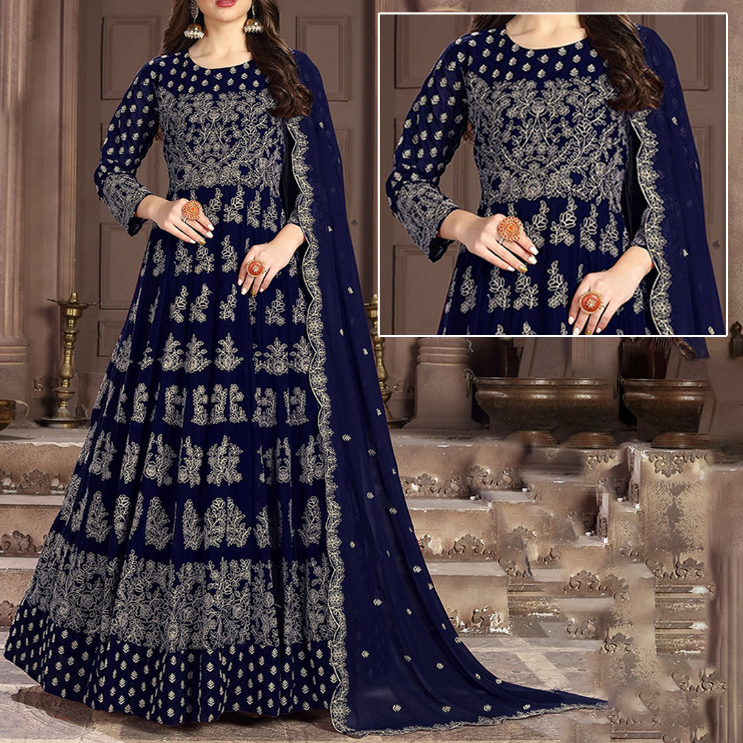 Navy Blue Unstitched Embroidered Chiffon Maxi | MH-615 | 3 Piece Unstitched | Crinkle Stuff