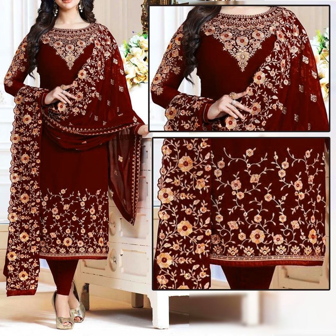 Maroon Embroidred Suit l MH-625 | 3 Piece Unstitched | Crinkle Chiffon Stuff | SALE