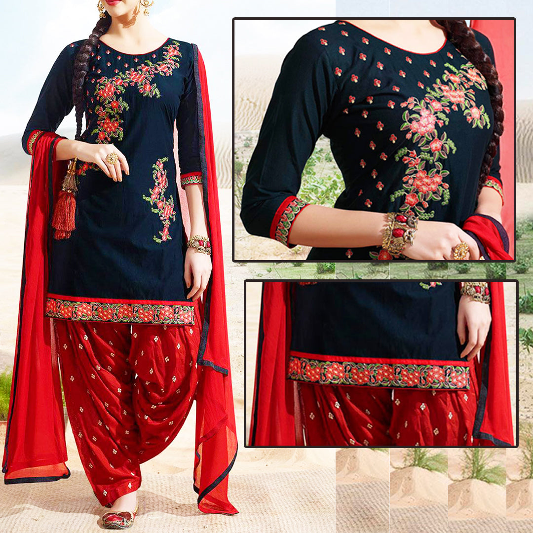 Navy Blue & Red Embroidered Suit | MH-626 | 3 Piece Unstitched | Crinkle Chiffon Stuff