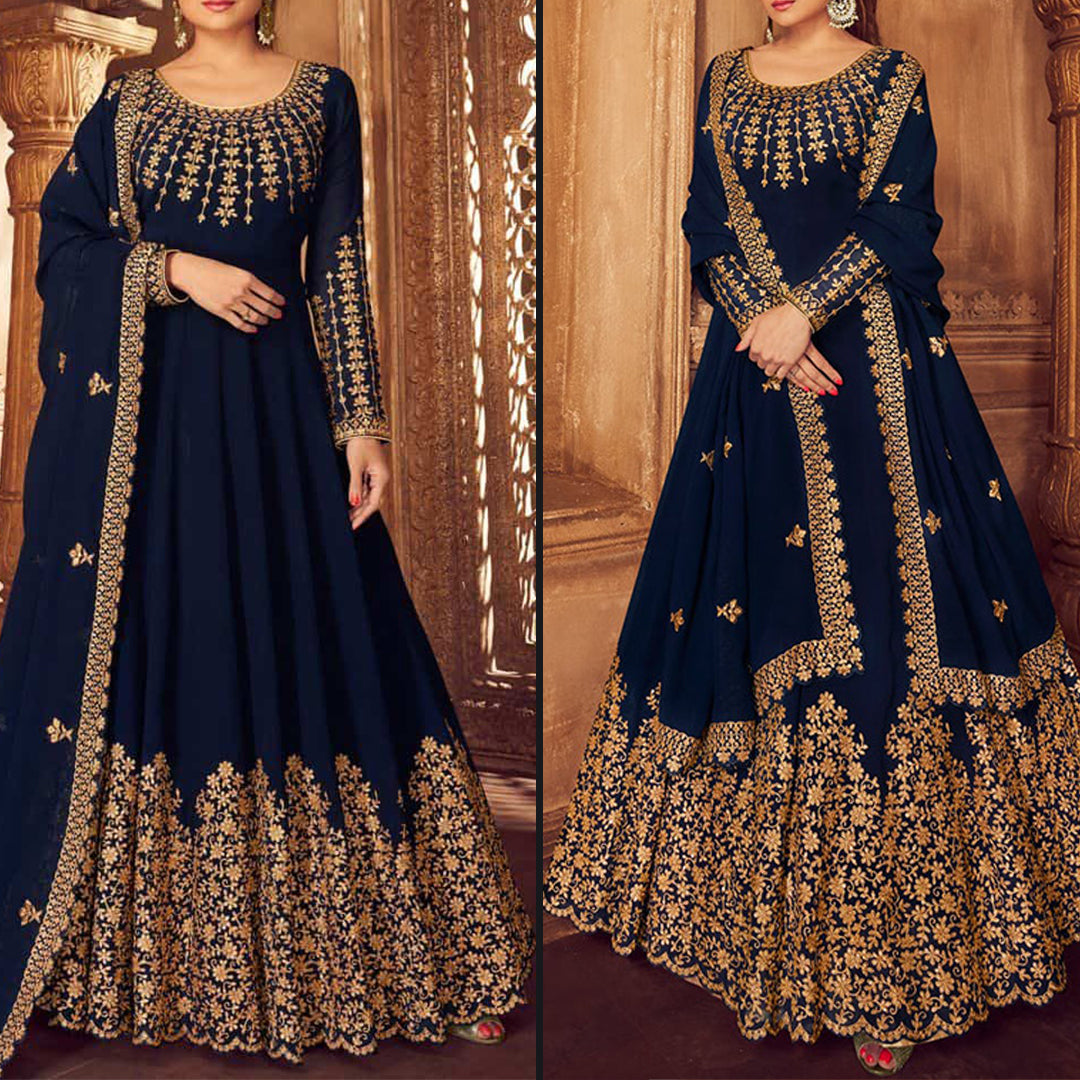 Navy Blue Embroidered Maxi | MH-631 | 3 Piece Unstitched | Crinkle Chiffon Stuff