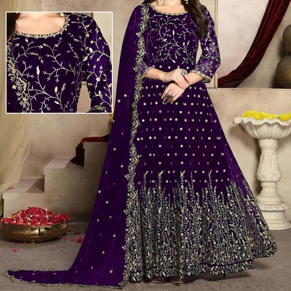 Purple Embroidered Maxi | MH-633 | 3 Piece Unstitched | Crinkle Chiffon Stuff