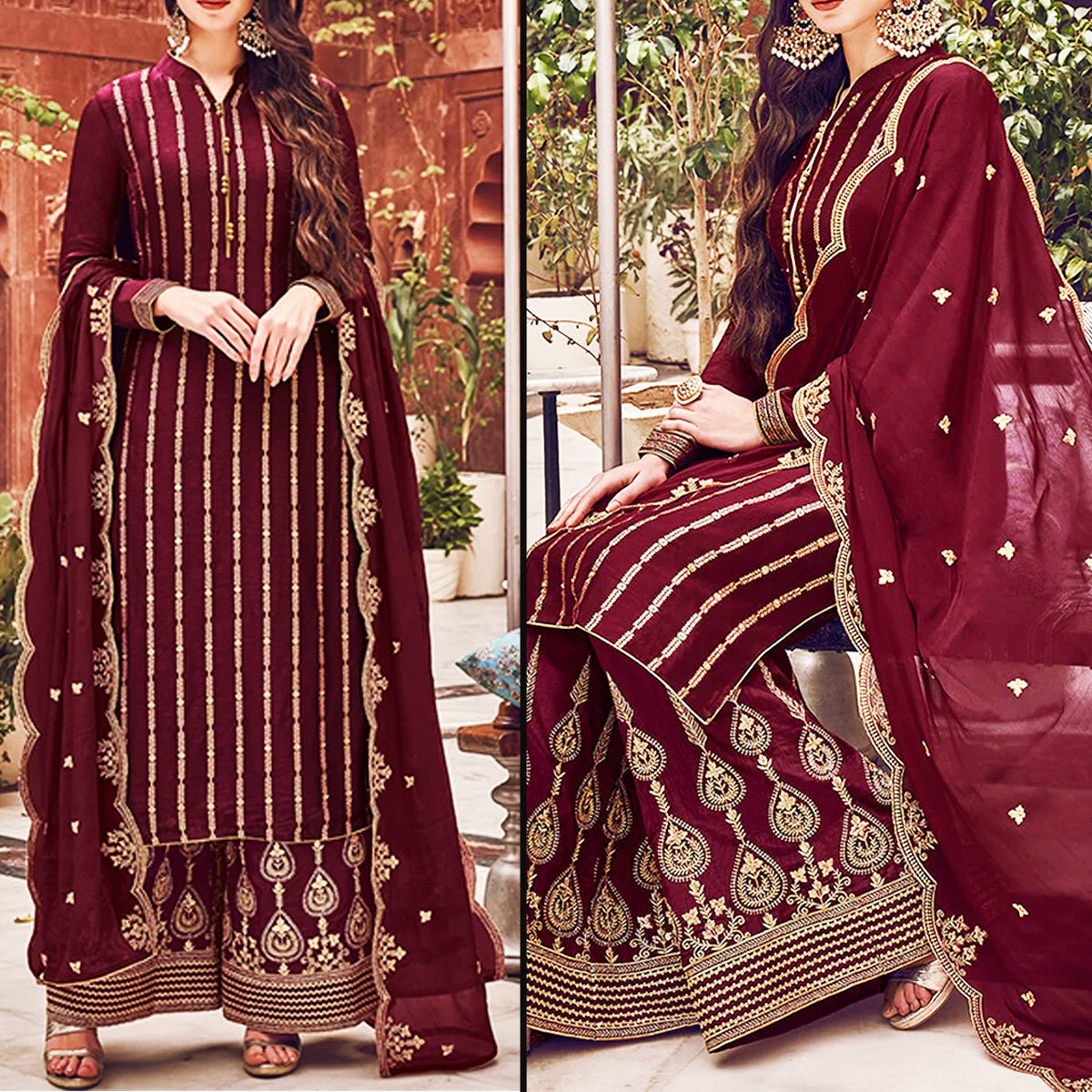 Maroon Embroidered Suit | MH-637 | 3 Piece Unstitched | Crinkle Chiffon Stuff