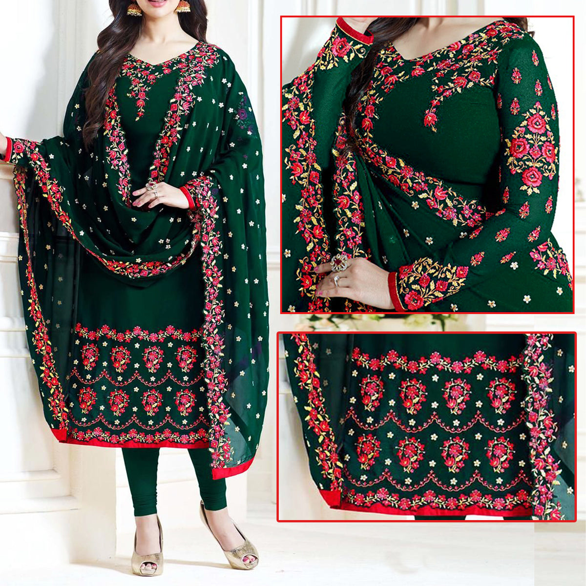 Green Embroidered Suit | MH-639 | 3 Piece Unstitched | Crinkle Chiffon Stuff