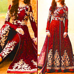 Maroon Embroidered Partywear Maxi | MH-642 | 3 Piece Unstitched | Crinkle Chiffon Stuff | With Dupatta