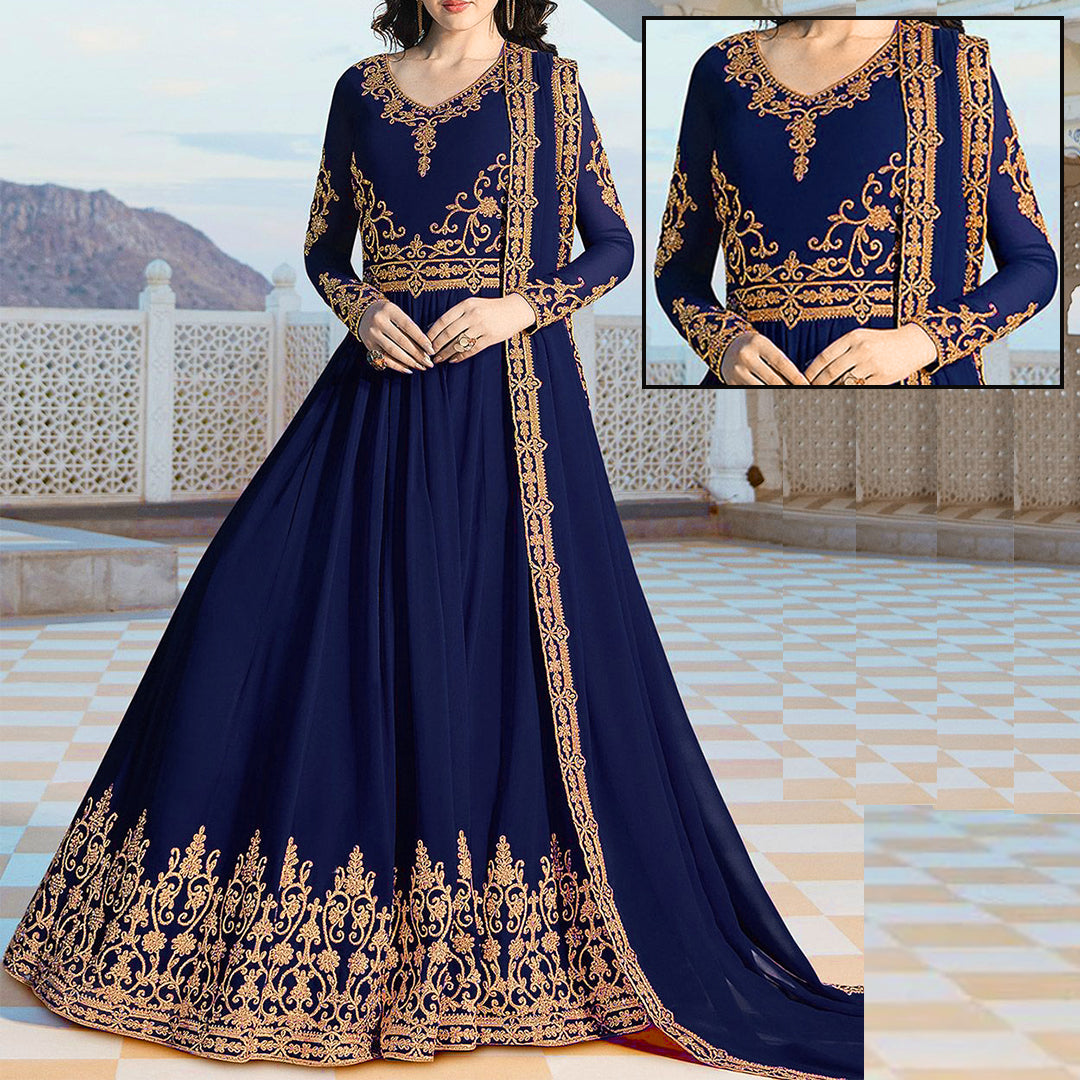 Blue Embroidered Maxi | MH-644 | 3 Piece Unstitched | Crinkle Chiffon Stuff