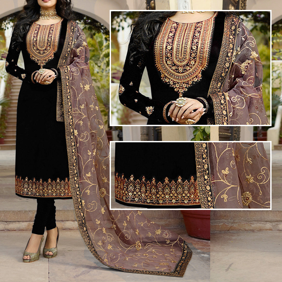 Black Emroidred Suit l MH-645 | 3 Piece Unstitched | Crinkle Chiffon Stuff | SALE