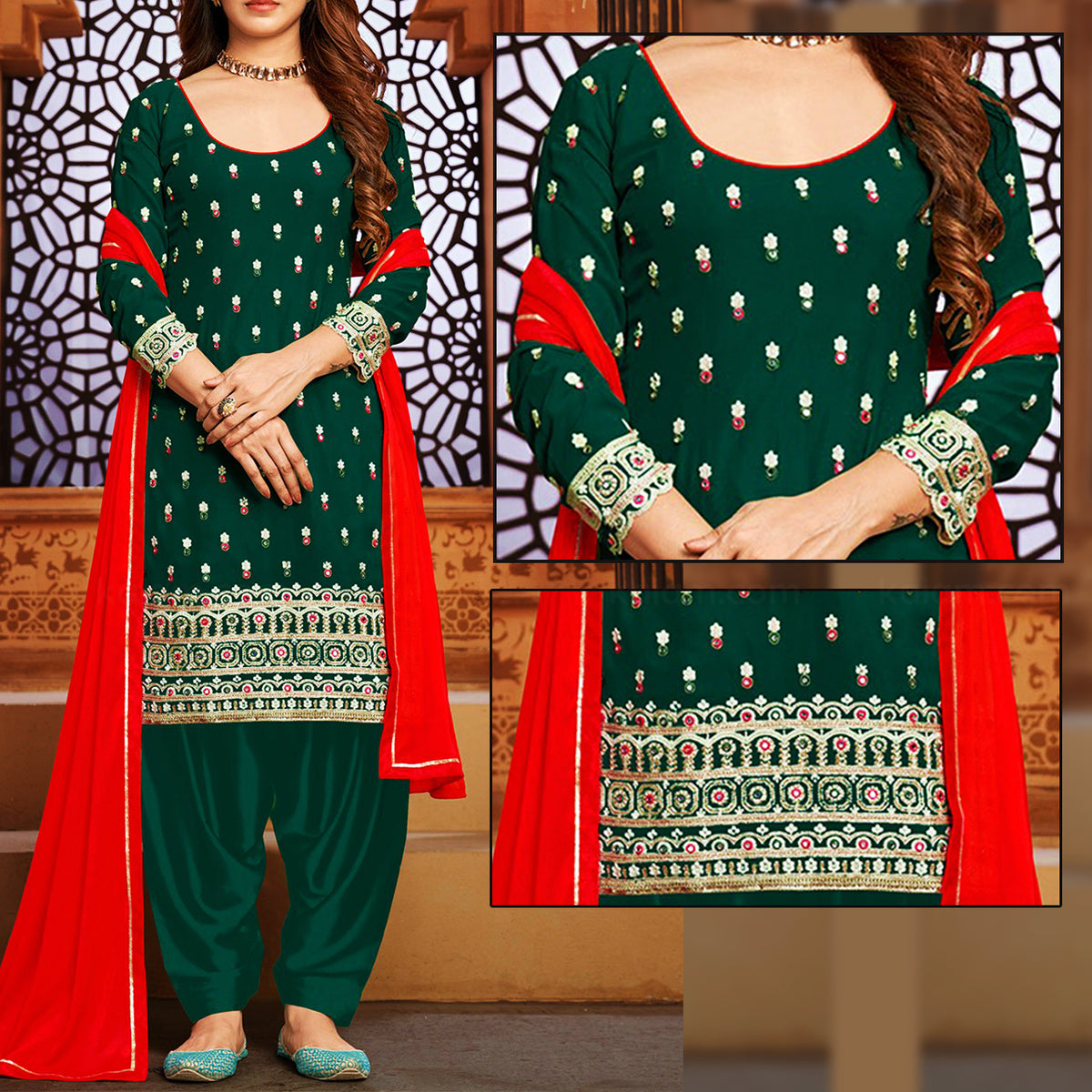 Green Patyala Embroidered Suit | MH-647 | 3 Piece Unstitched | Silk Fabric Stuff | SALE