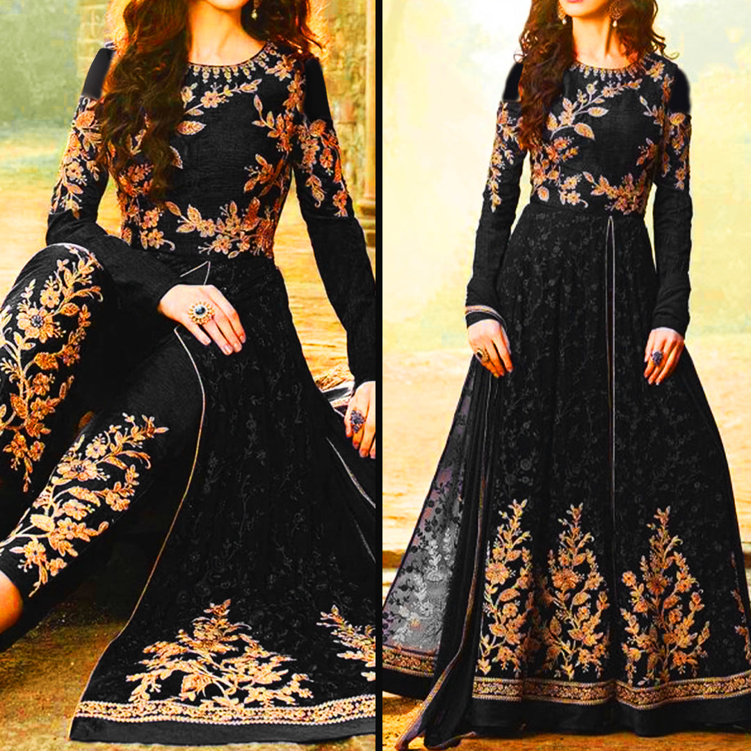 Black Embroidered Maxi | MH-649 | 3 Piece Unstitched | Crinkle Chiffon Stuff