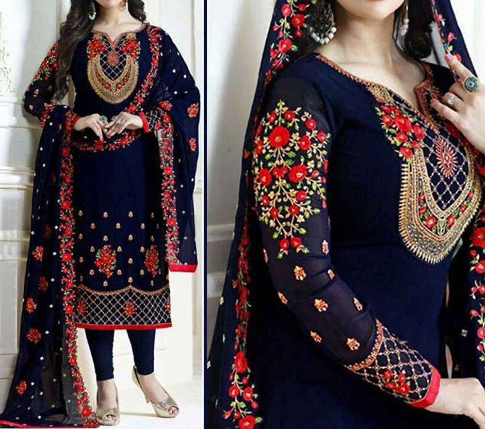 Blue Embroidred Suit l MH-654 | 3 Piece Unstitched | Crinkle Chiffon Stuff | Sale!