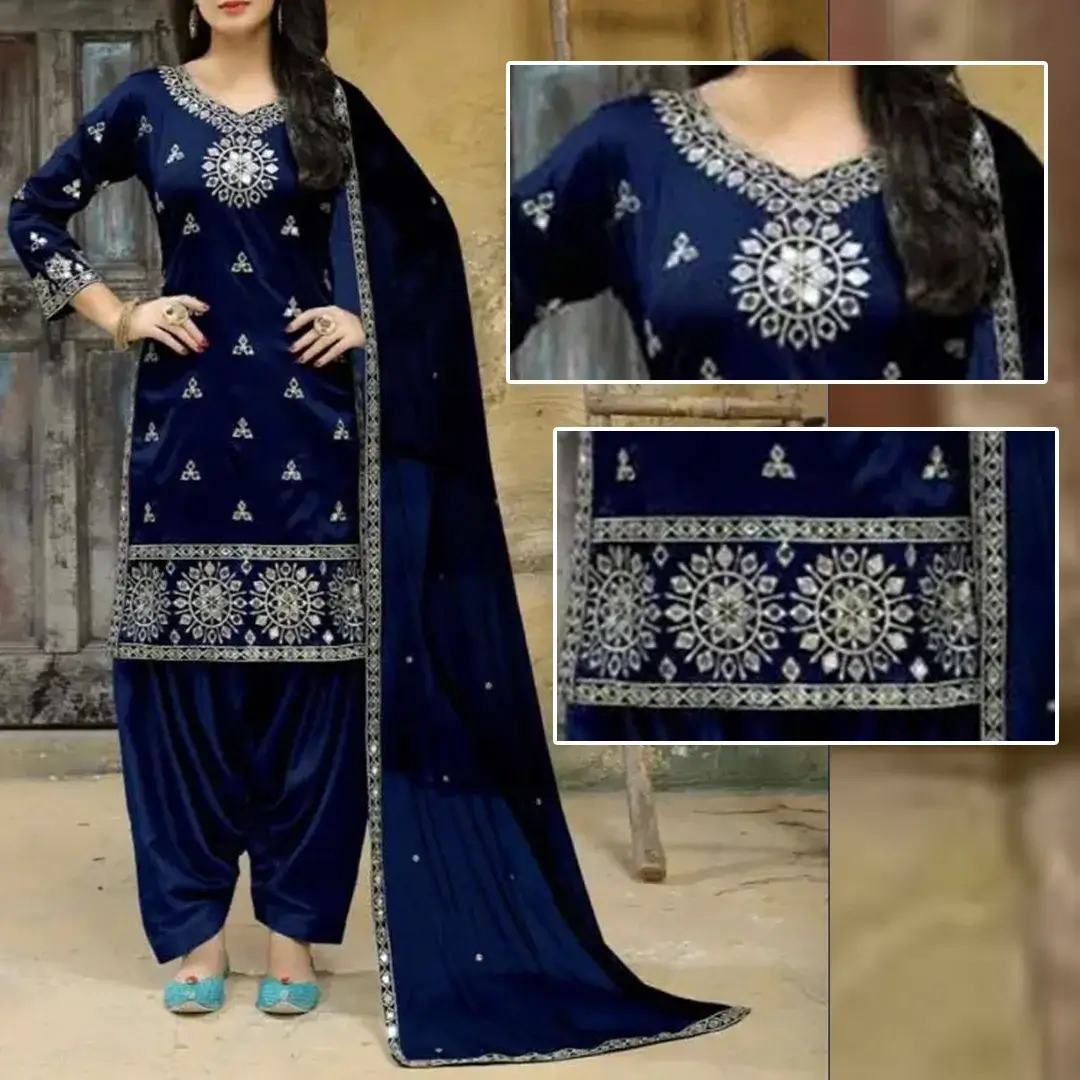 Blue Silk Patyala Embroidered Suit| 3 Piece Unstitched | Silk